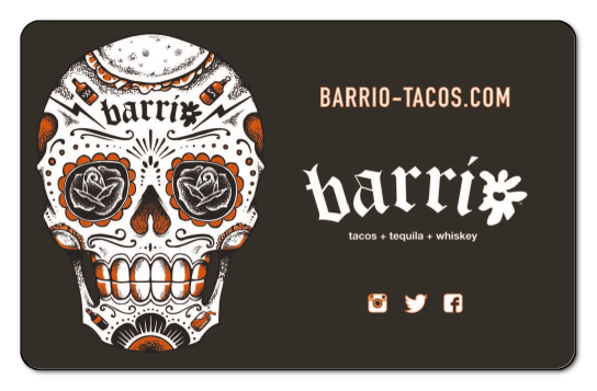 Barrio logo featured on right side with sugar skull on left side, card festures grey background